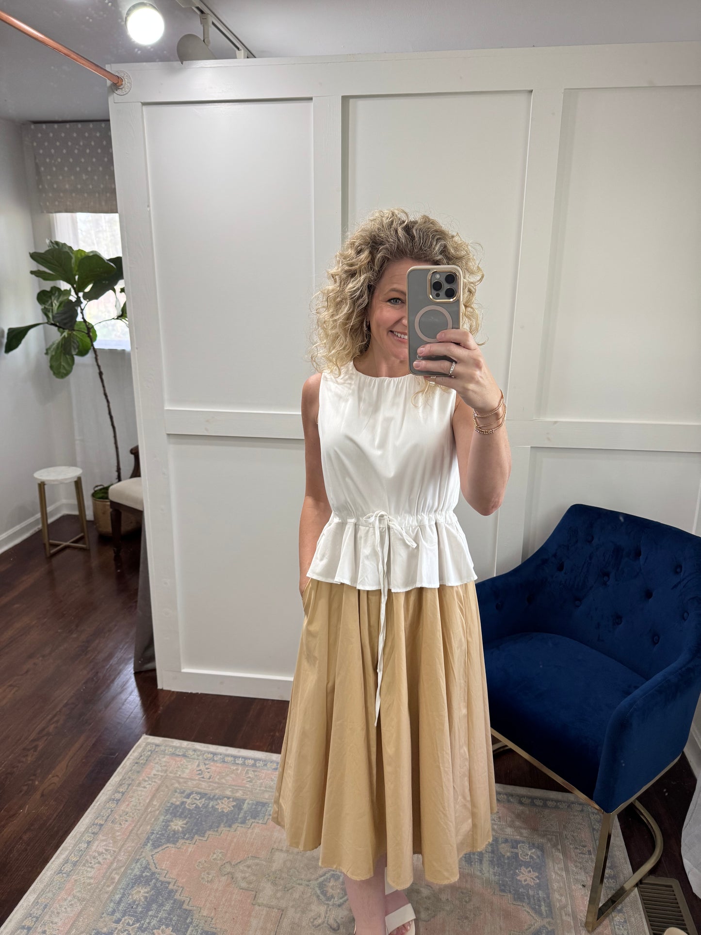 Taupe and white peplum midi