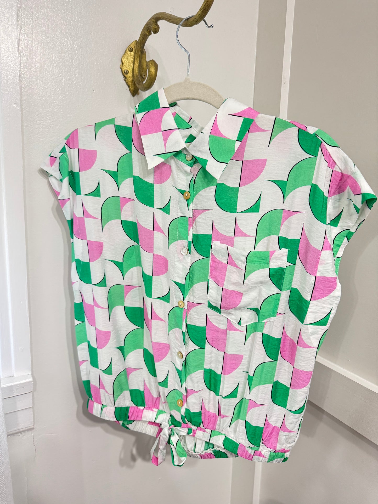 Green and pink button down top