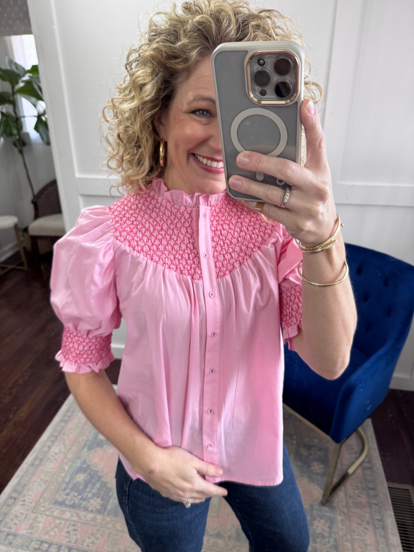 Pink on pink smocked blouse