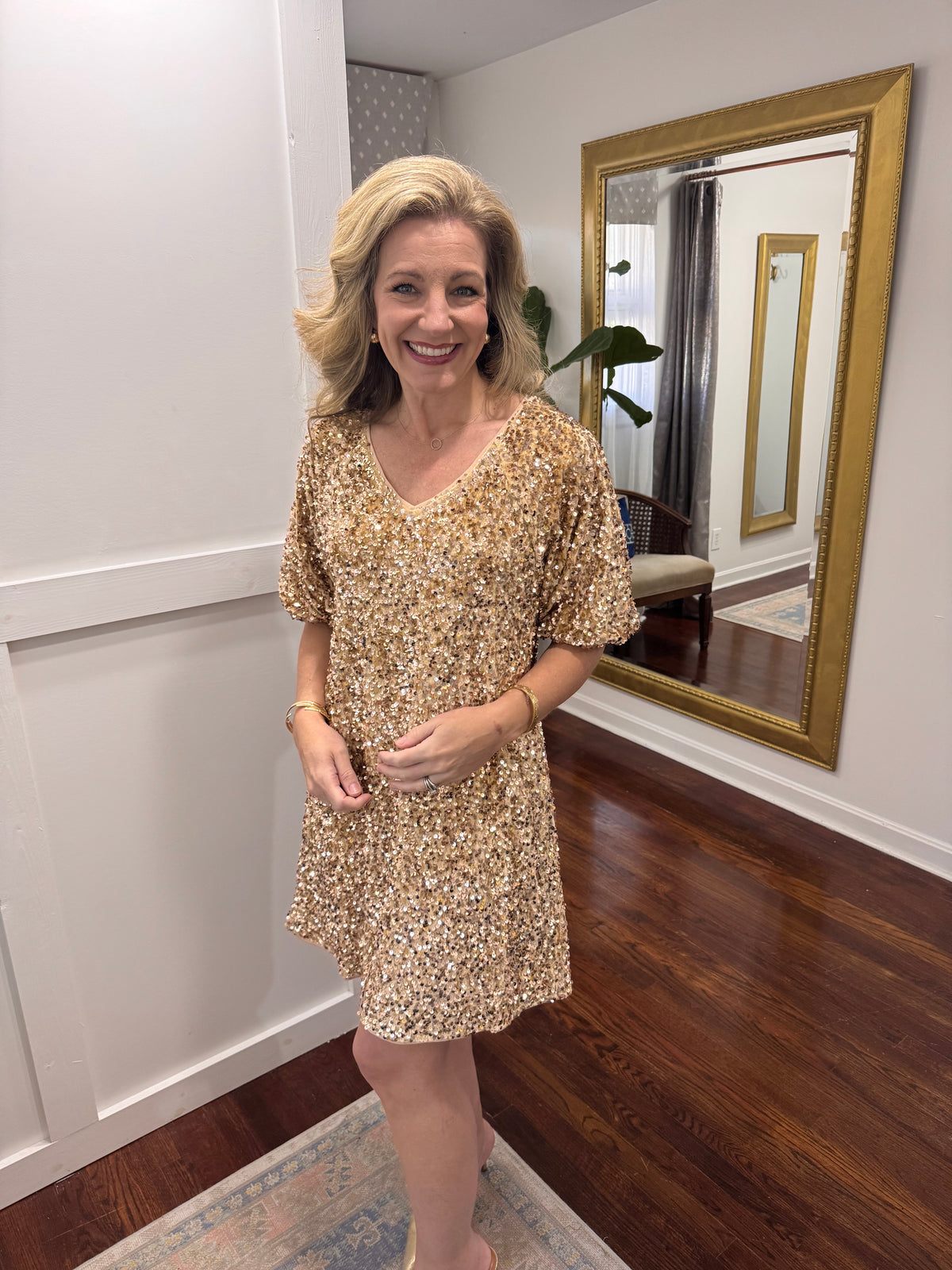 Gold sequin mini dress