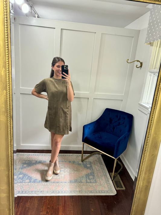 Olive suede shift dress