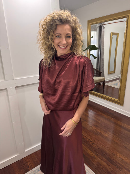 Burgundy satin split sleeve blouse