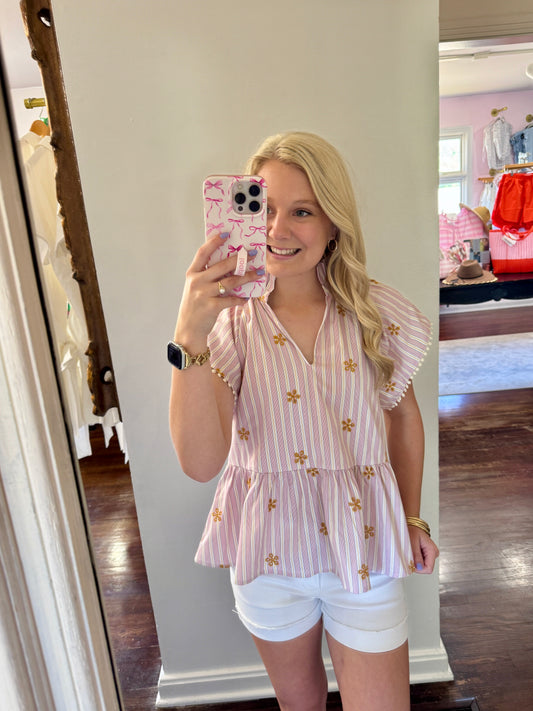 Taupe top with Pink blue stripes and gold flower