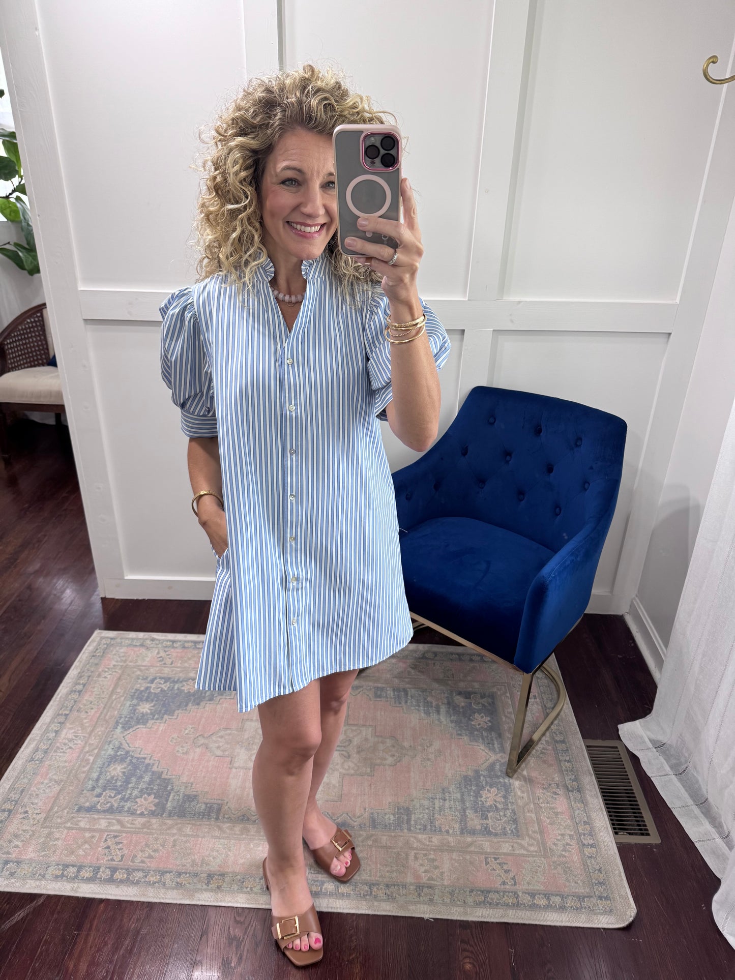 Blue striped shirt dress