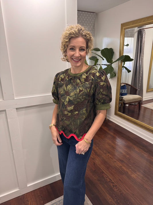 Olive floral jacquard with red