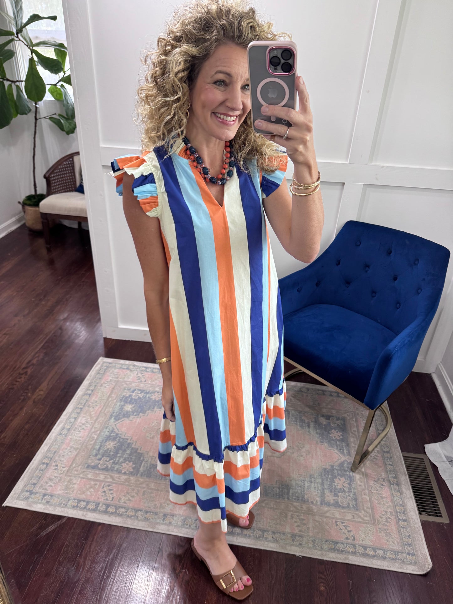 Blue coral bold stripes dress