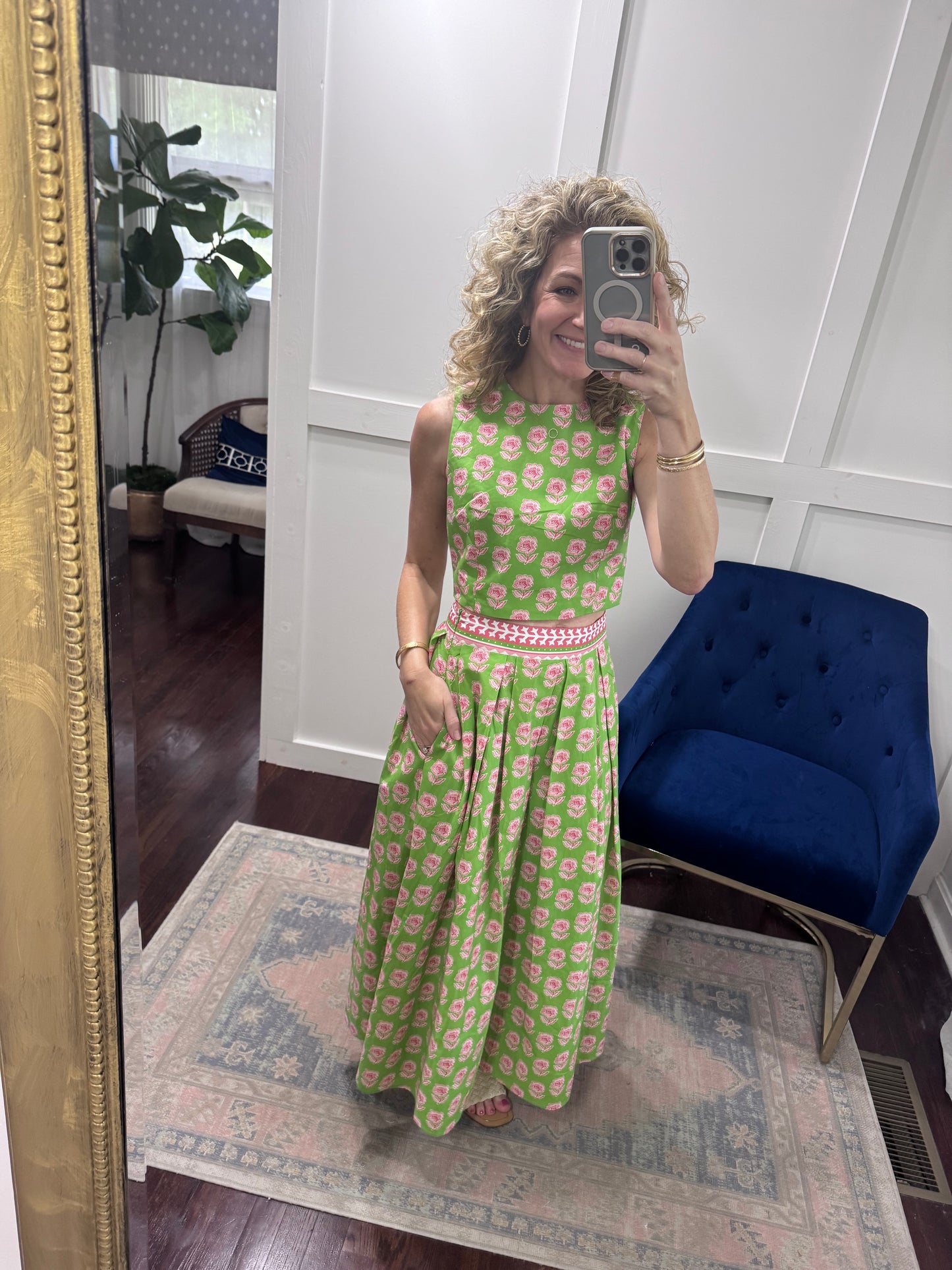 Green and pink floral skirt