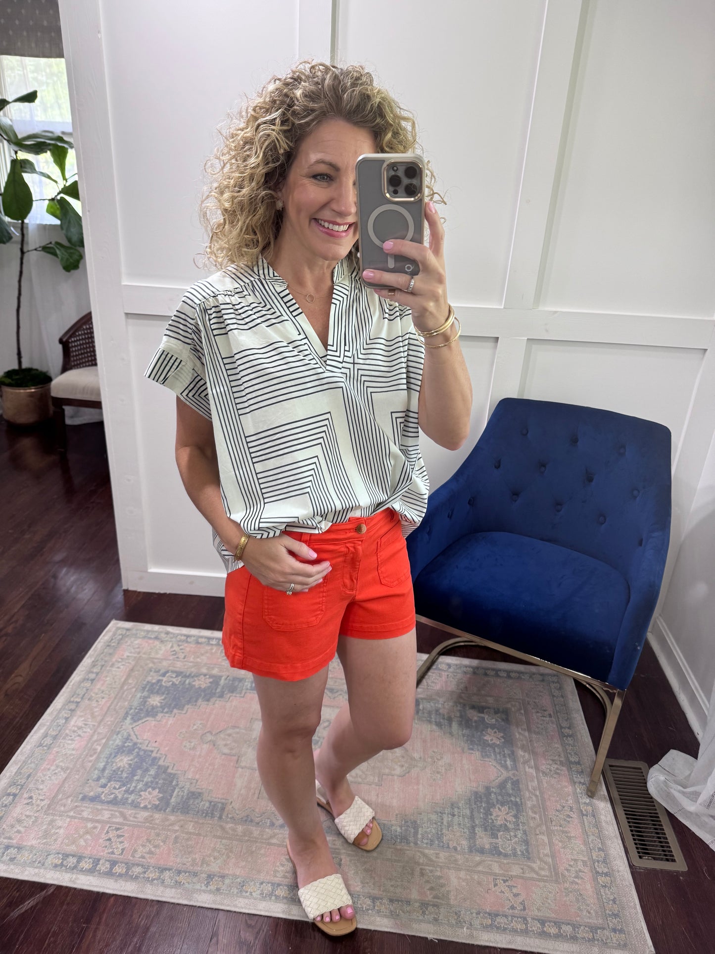 Ivory navy geometric blouse