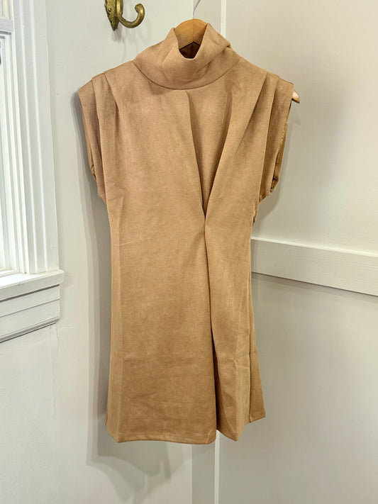 Camel turtleneck pleated dress