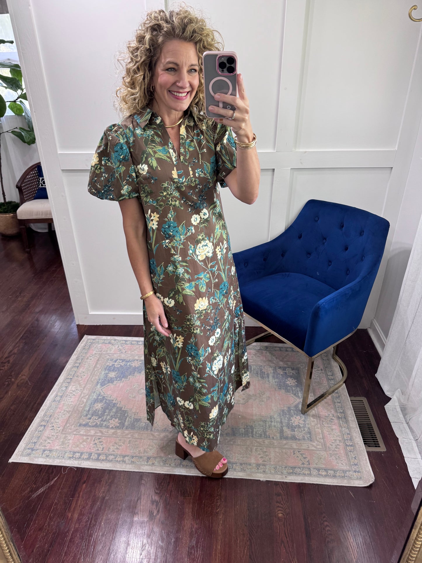 Choc Brown & Blue floral midi