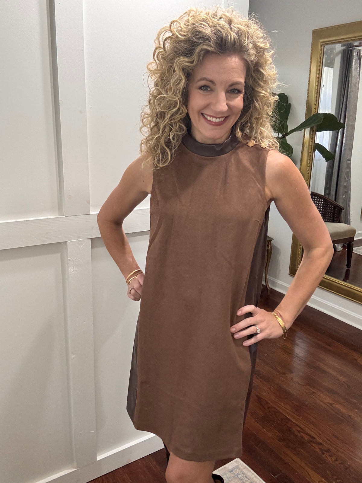 Brown suede gold button dress