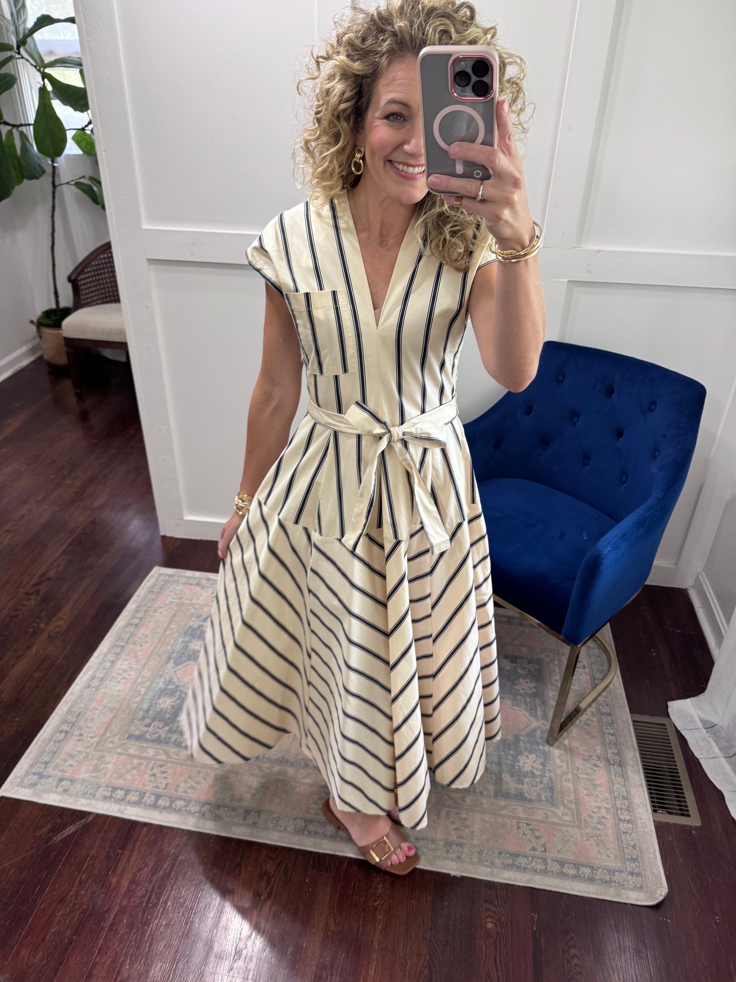Cream and navy striped dress