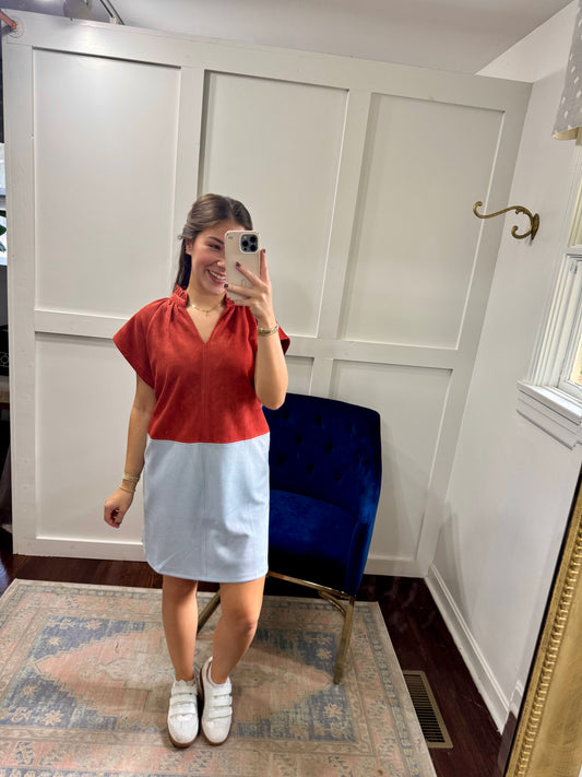Suede rust and baby blue dress