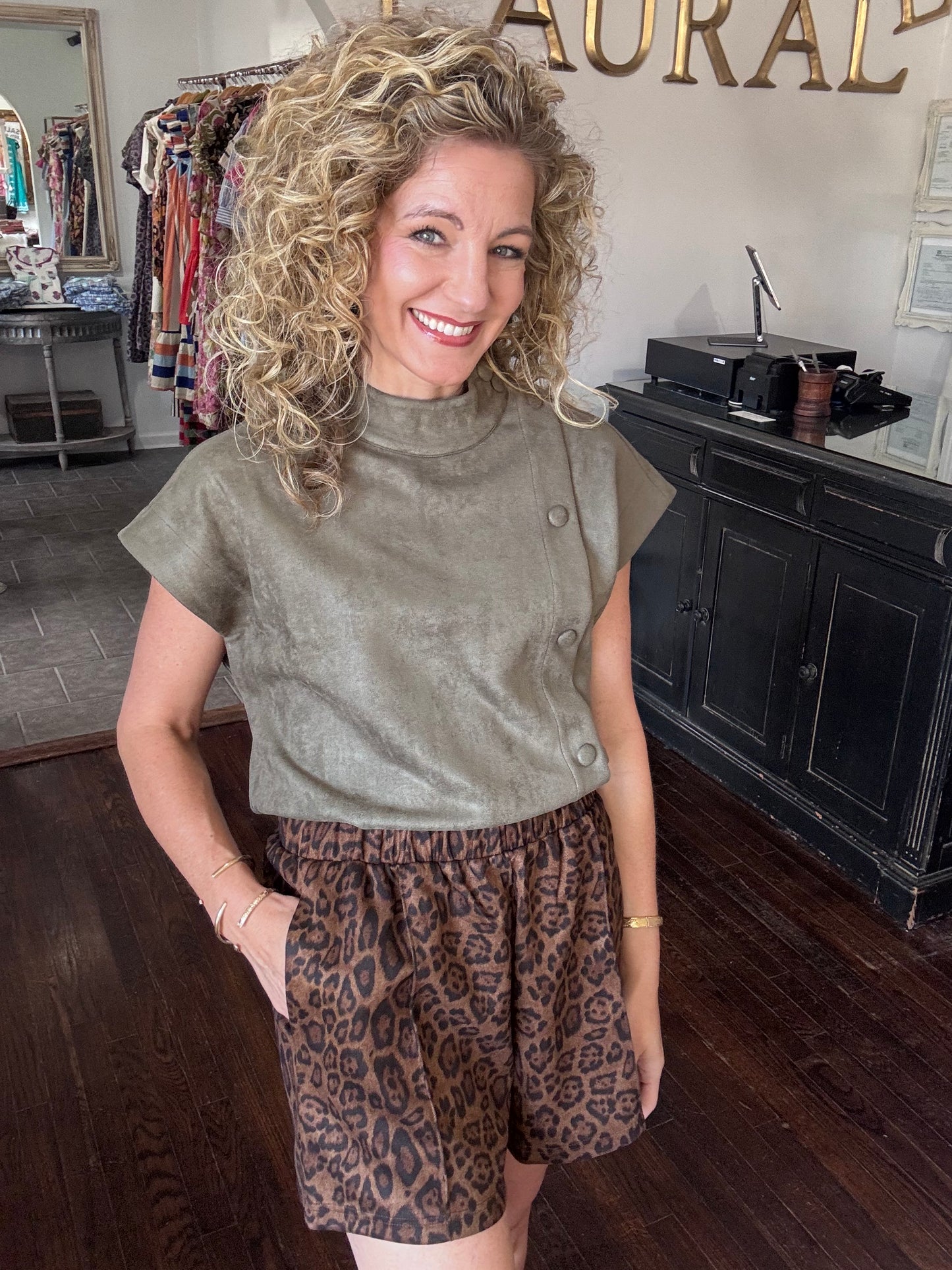 Olive suede button top