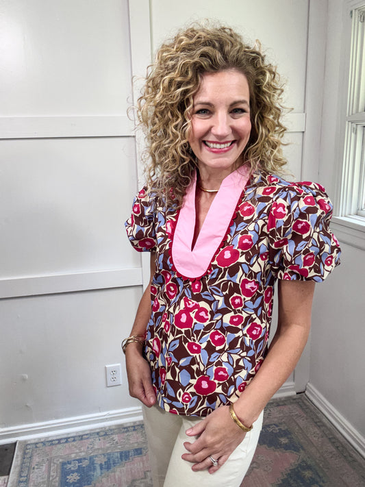 Chocolate blue and pink blouse