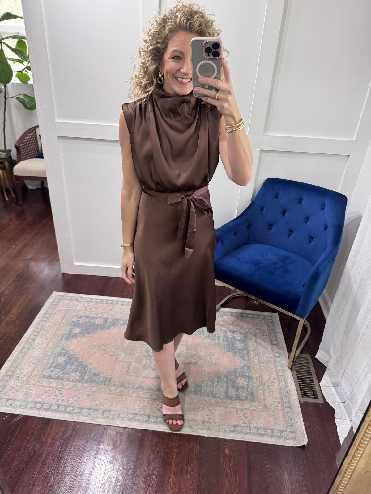 Brown satin cowl neck dress