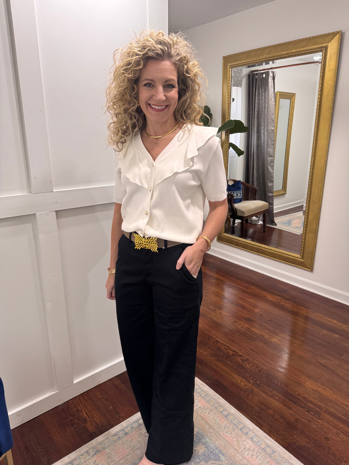 White pearl button blouse sweater