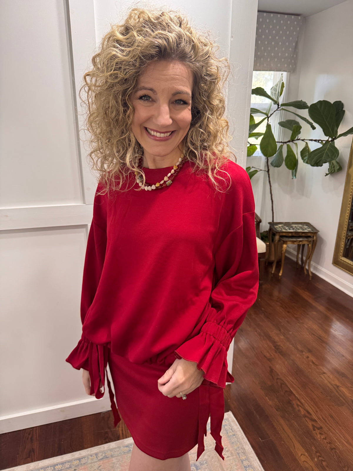 Cherry red tie waist pullover