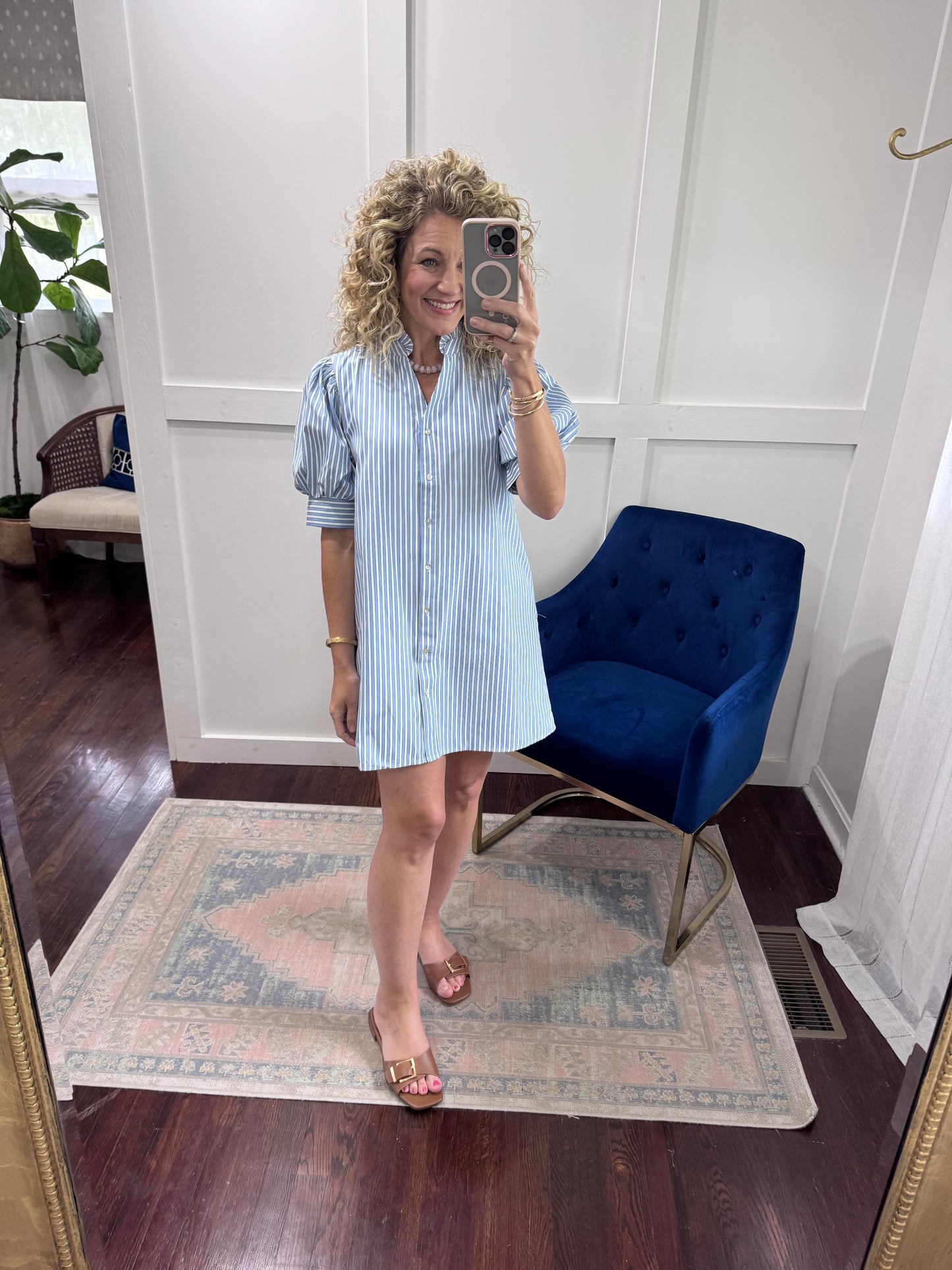 Blue striped shirt dress