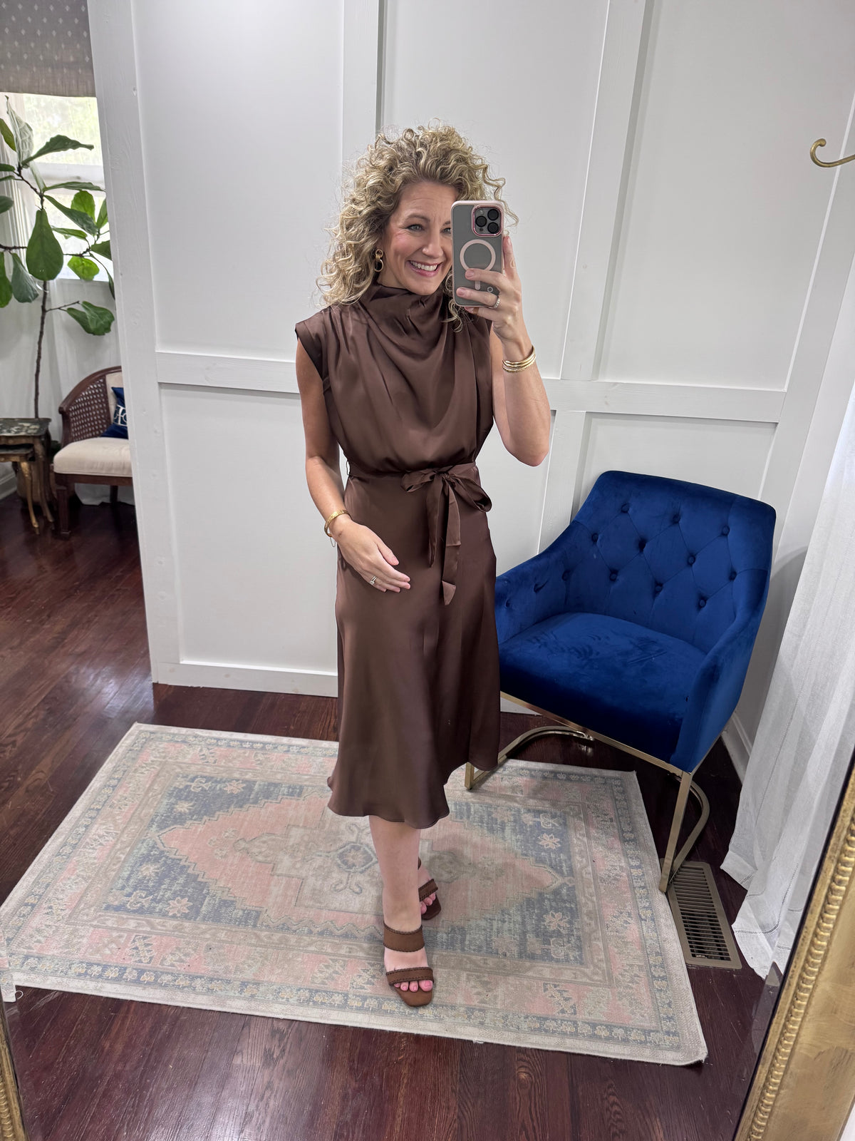 Brown satin cowl neck dress