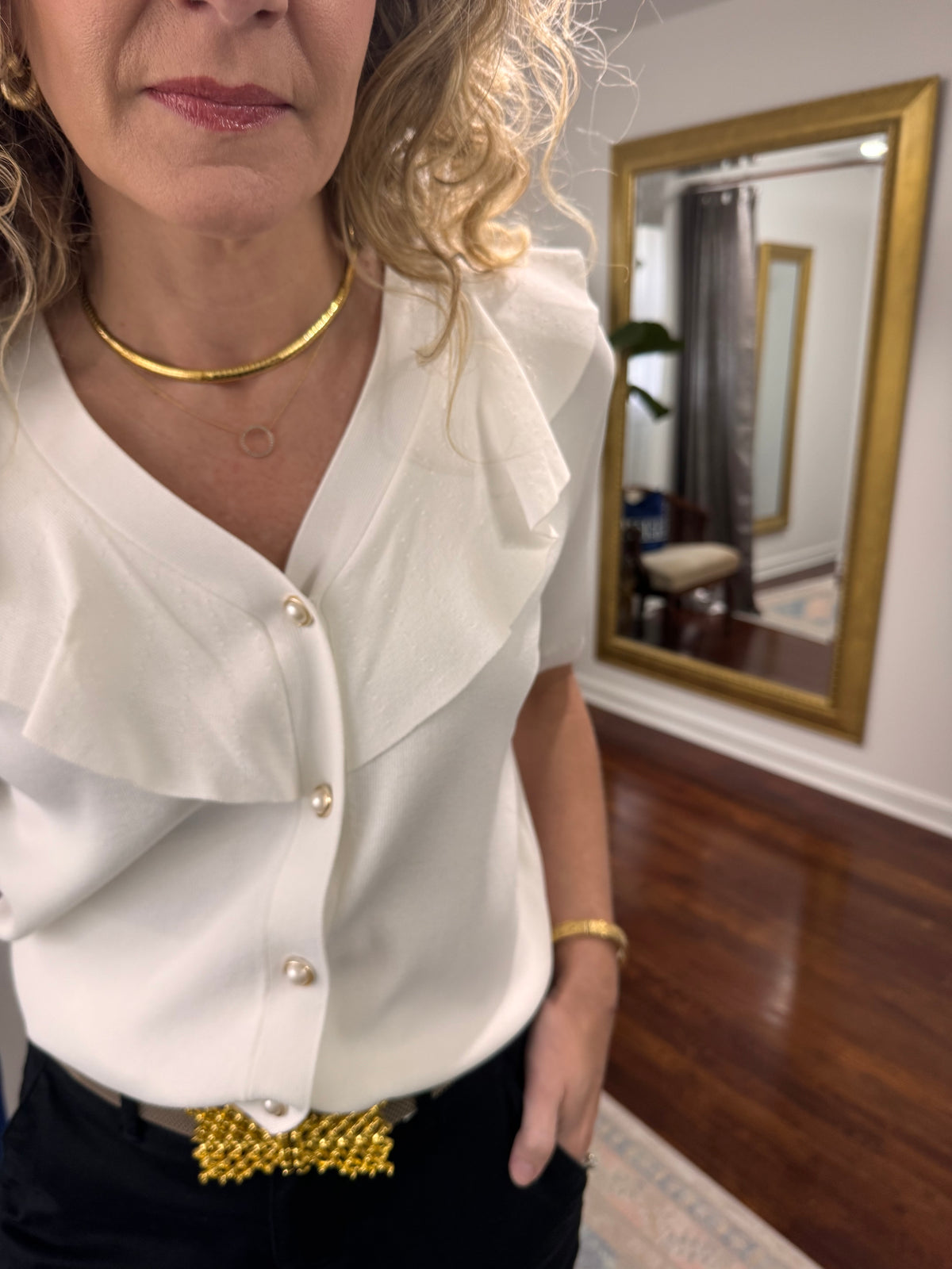 White pearl button blouse sweater