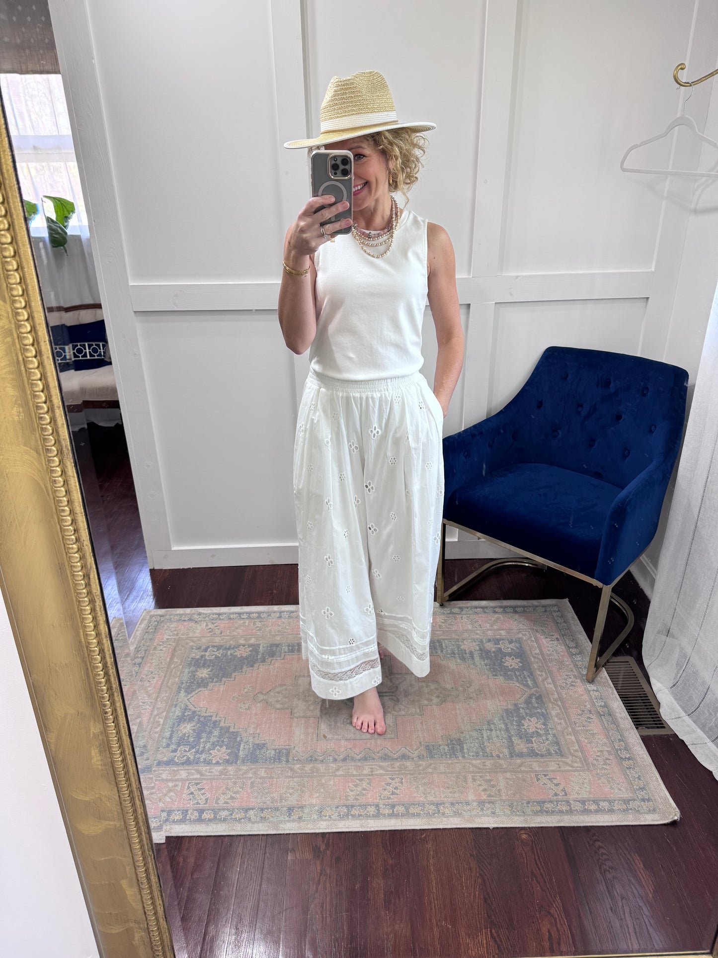 White eyelet wide leg pants