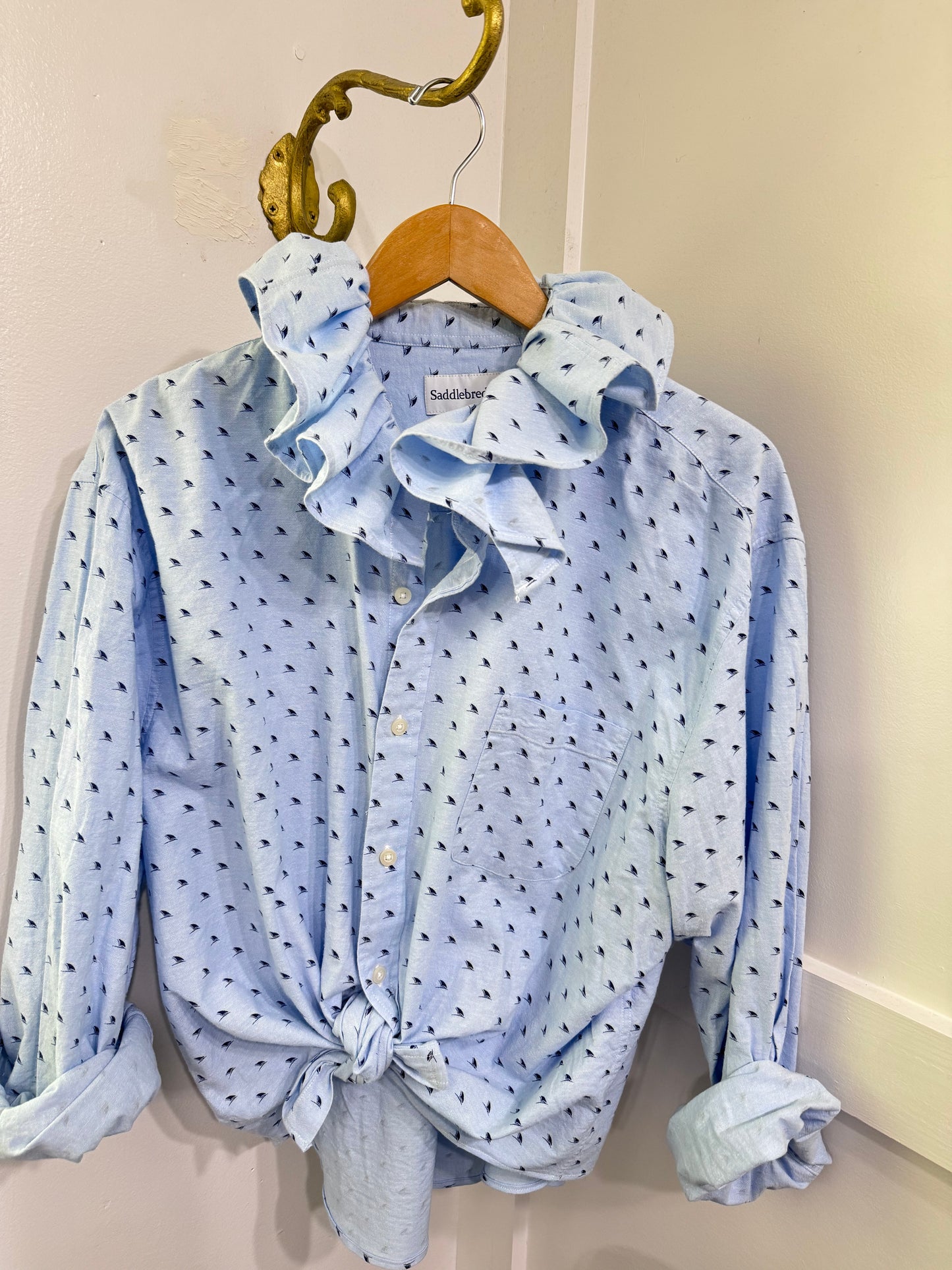 repurposed ruffle buttondown blue sailboats