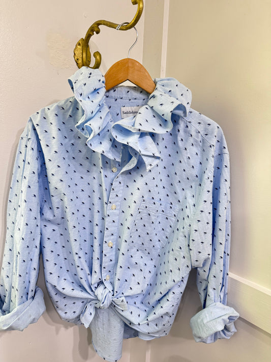 repurposed ruffle buttondown blue sailboats
