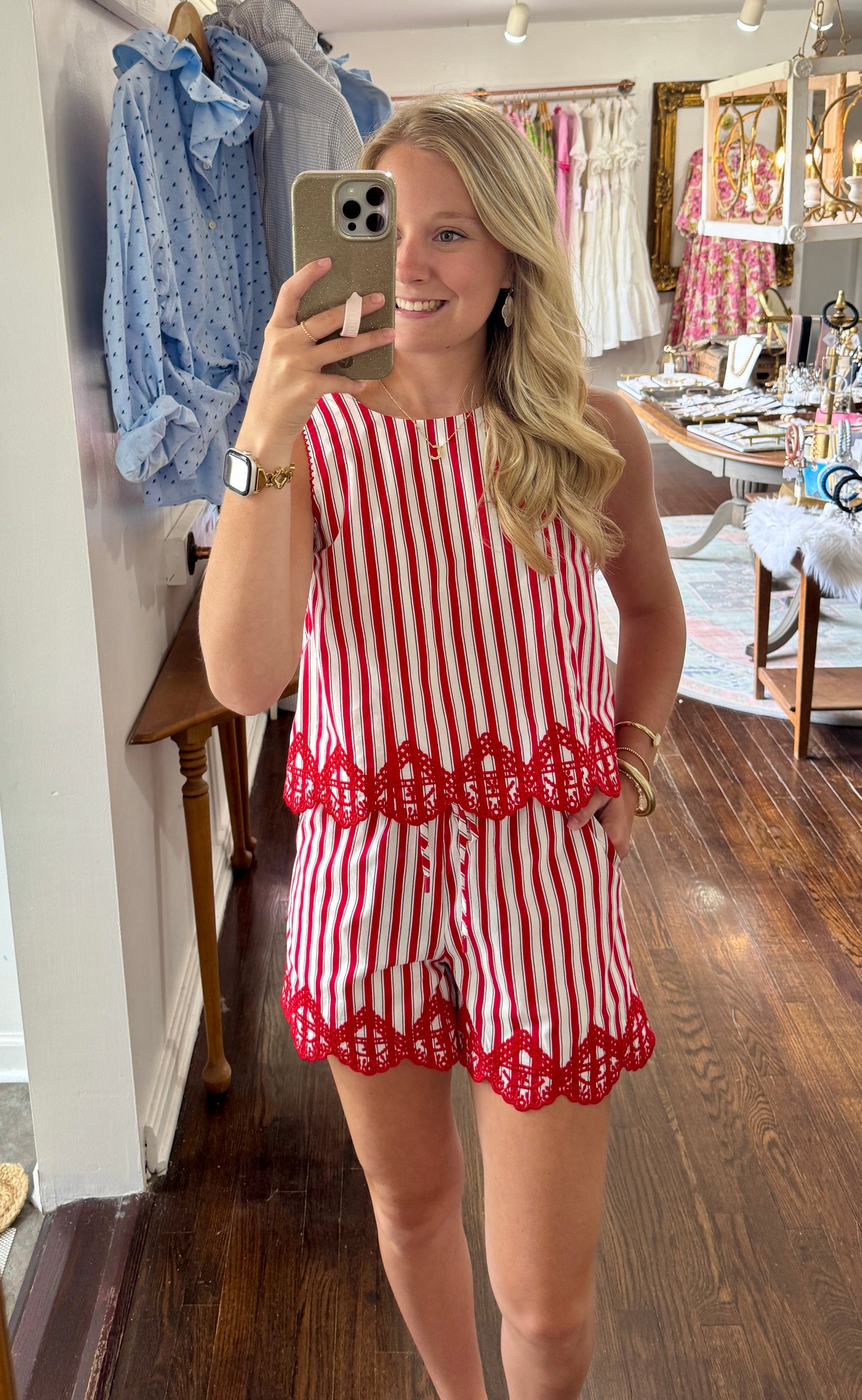 Red white blue embroidered shorts