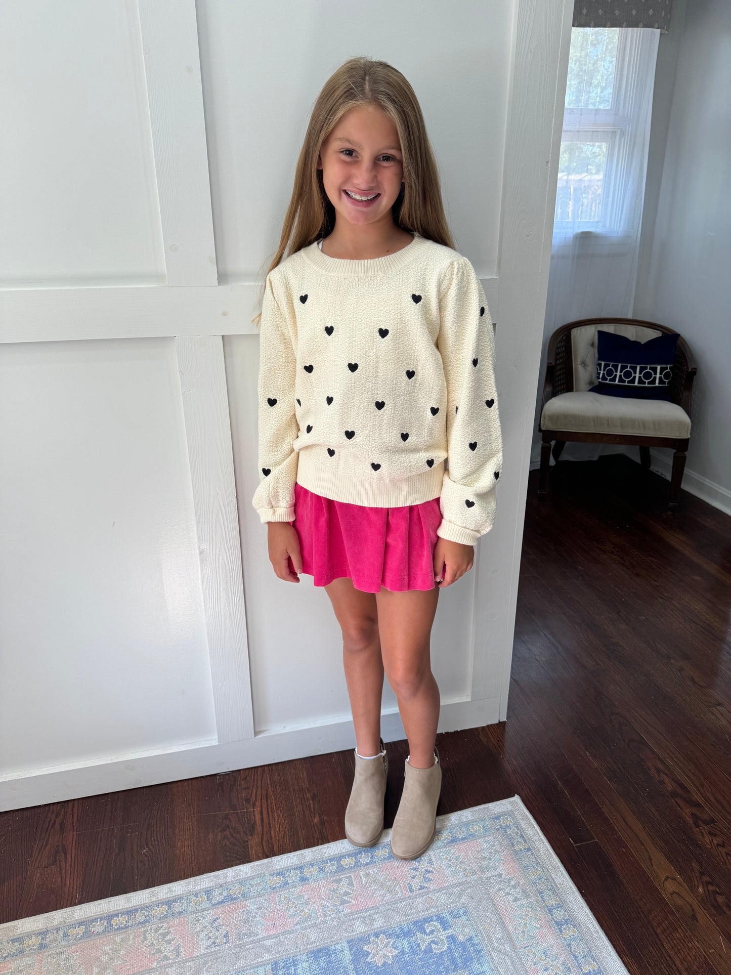 Tween cream sweater black heart embroidery