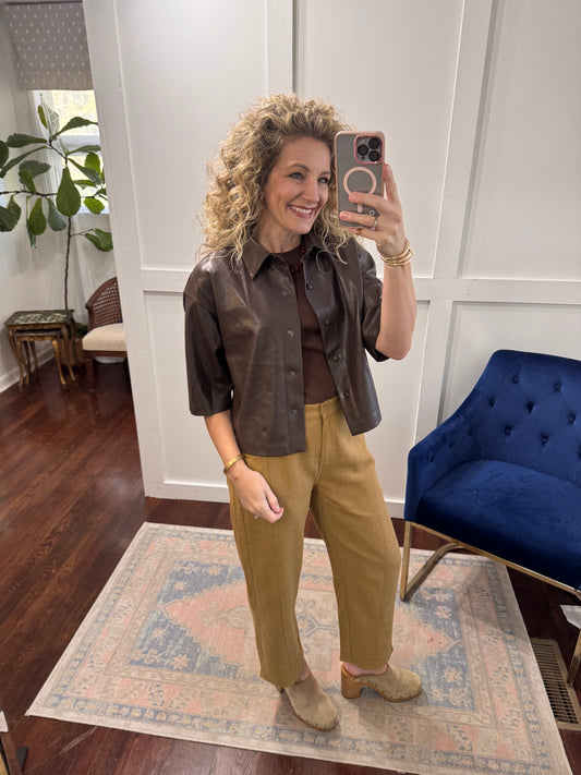 Chocolate leather button down blouse