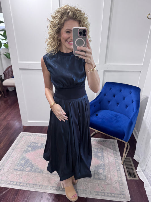 Navy taffeta midi skirt