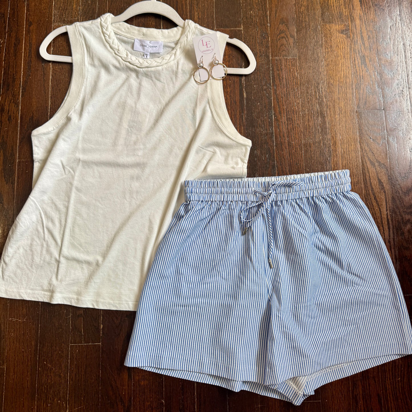 Blue white striped seersucker shorts