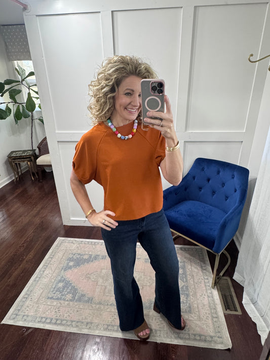 Rust round neck pleat top