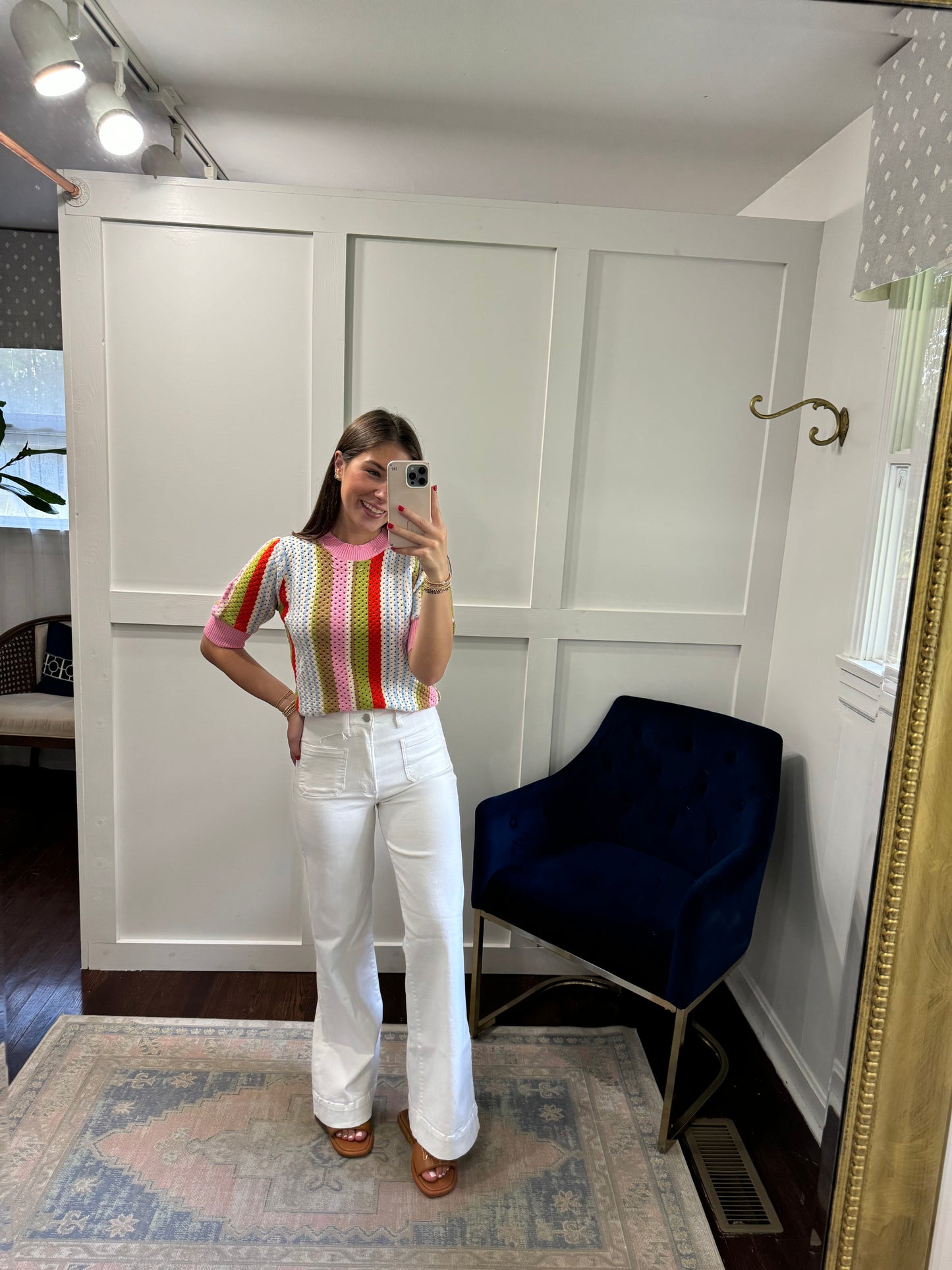 Short sleeve striped sweater