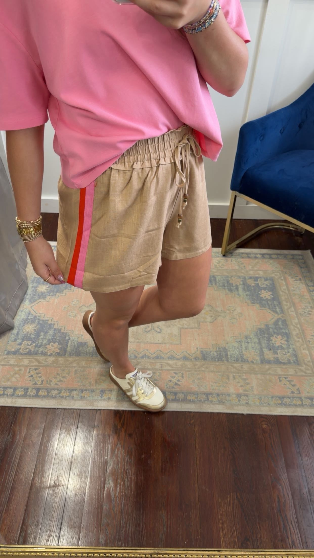 Taupe pink orange linen shorts