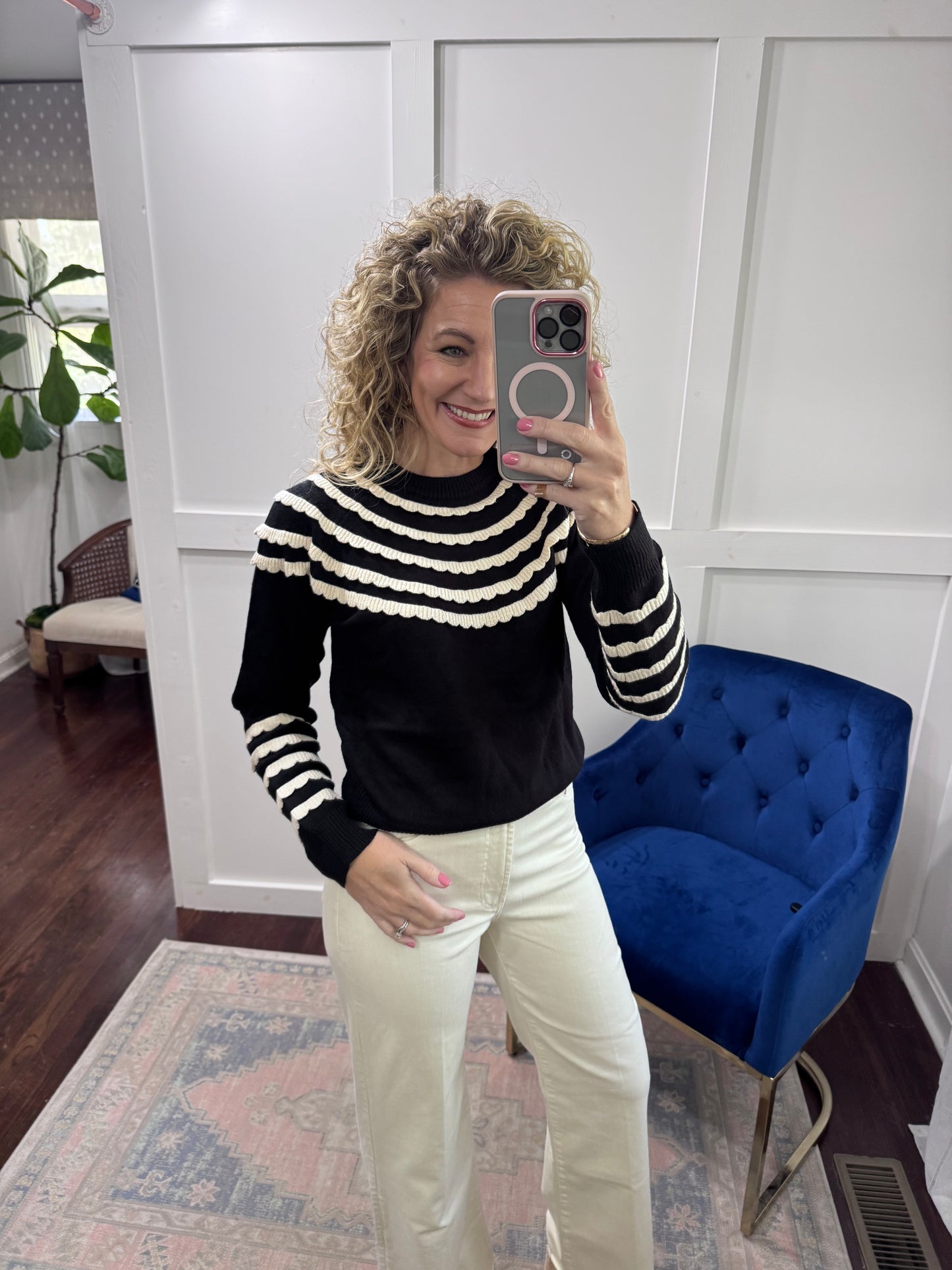 Black and ivory scallop sweater