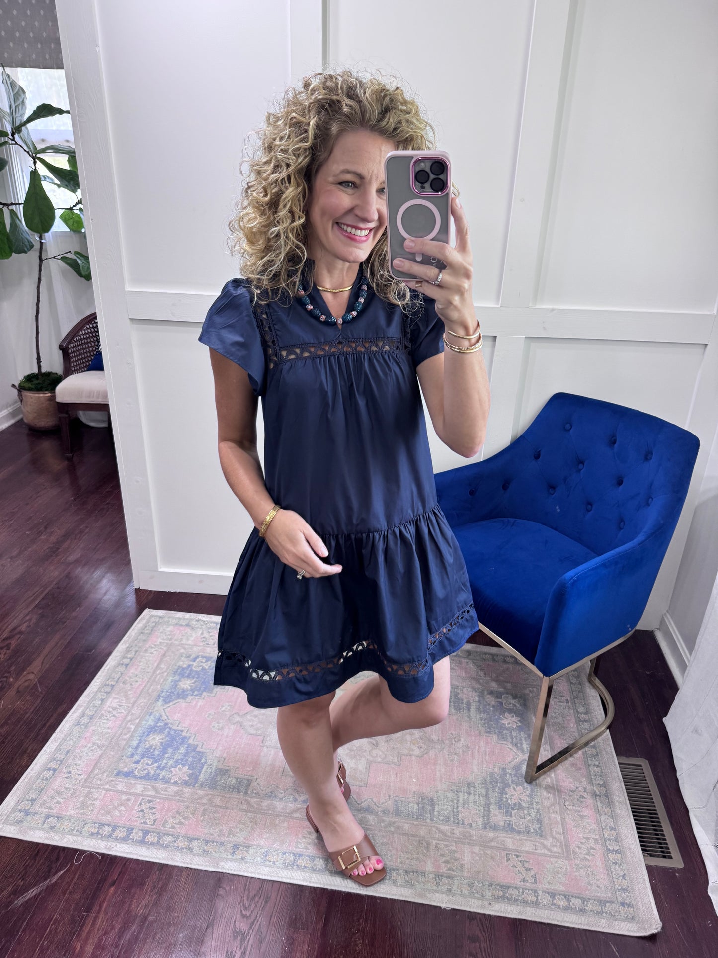 Navy eyelet detail dress