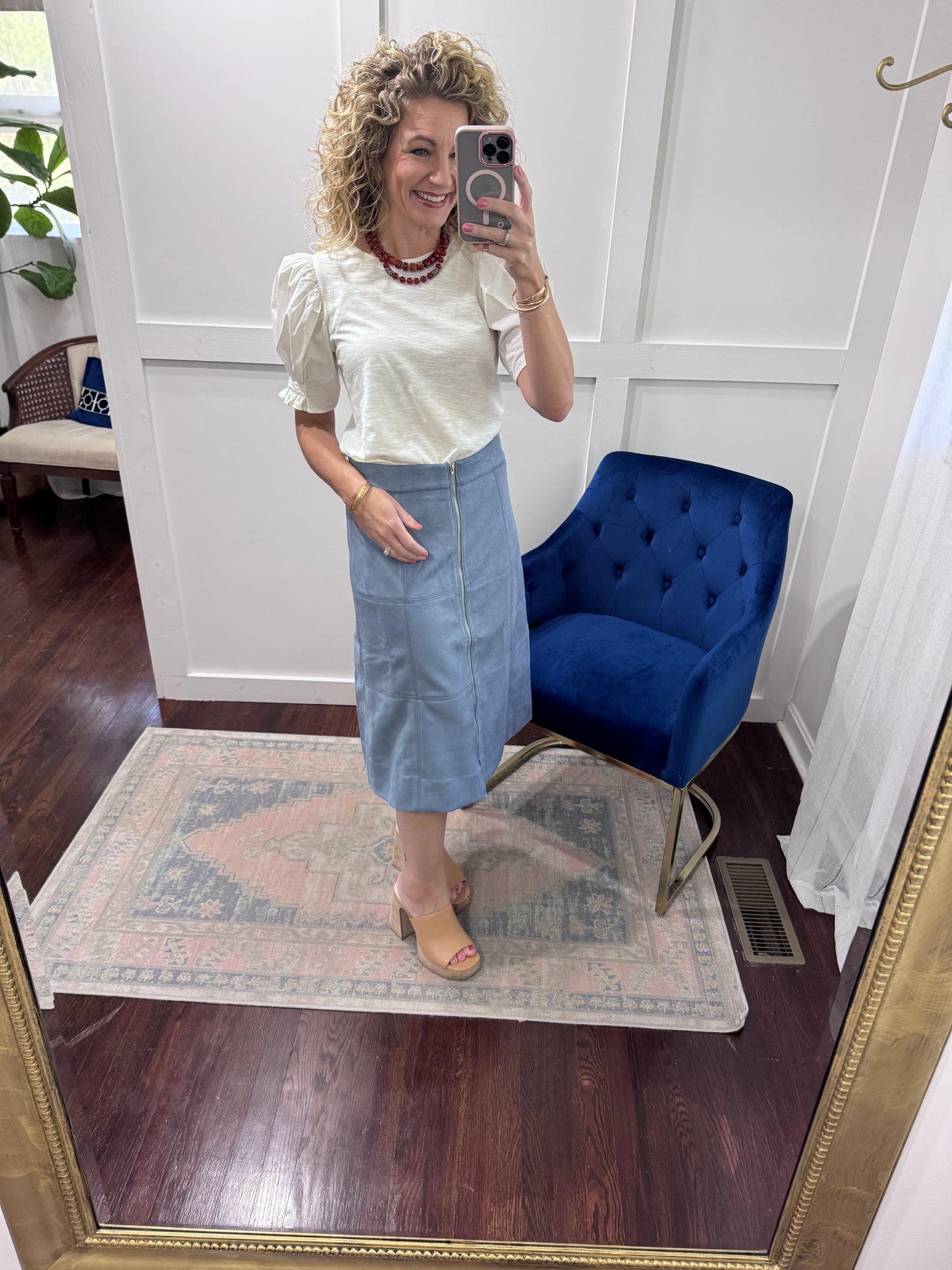 Blue suede midi skirt