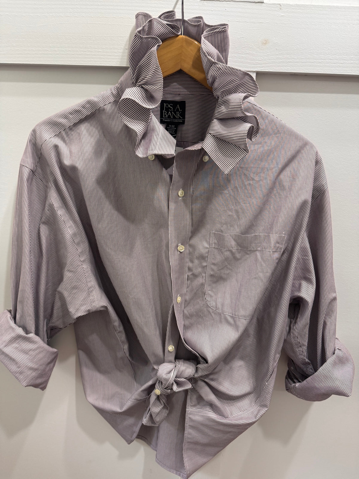 Choc pinstripe ruffle buttondown