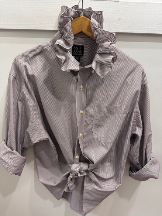Choc pinstripe ruffle buttondown