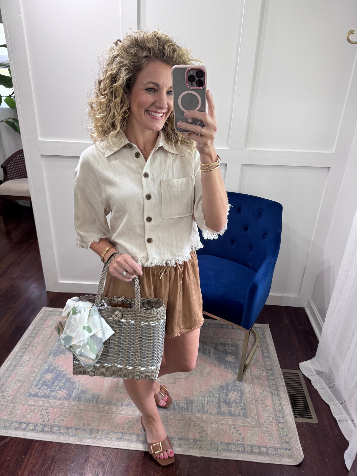 Taupe frayed button blouse