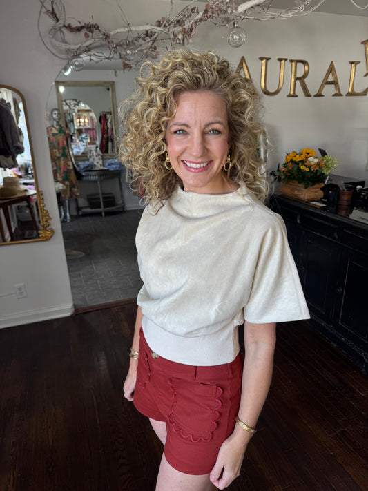 Cream mock neck suede top