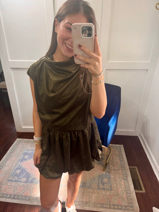 Olive suede bubble skirt