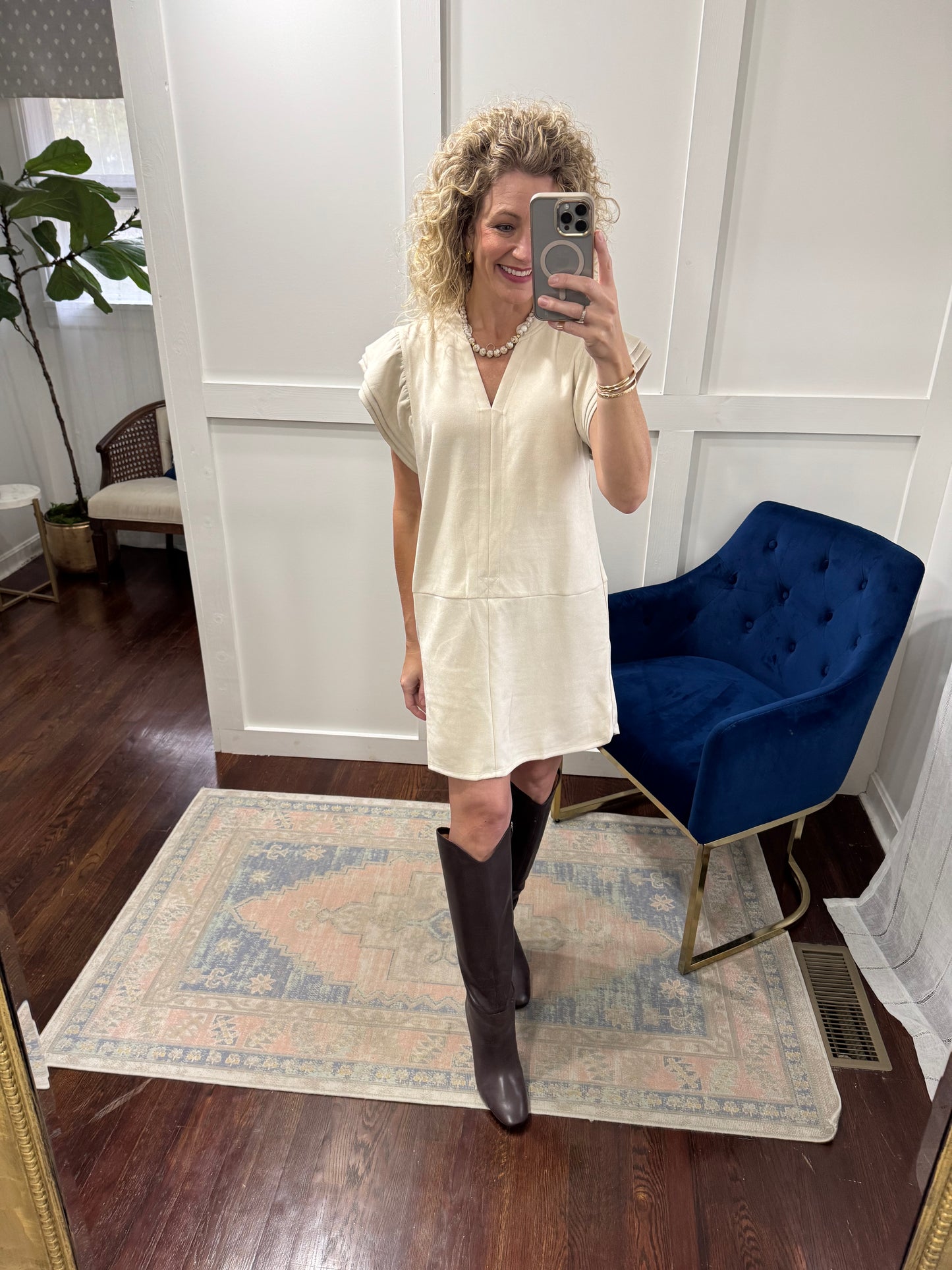 Cream suede flutter sleeve dress