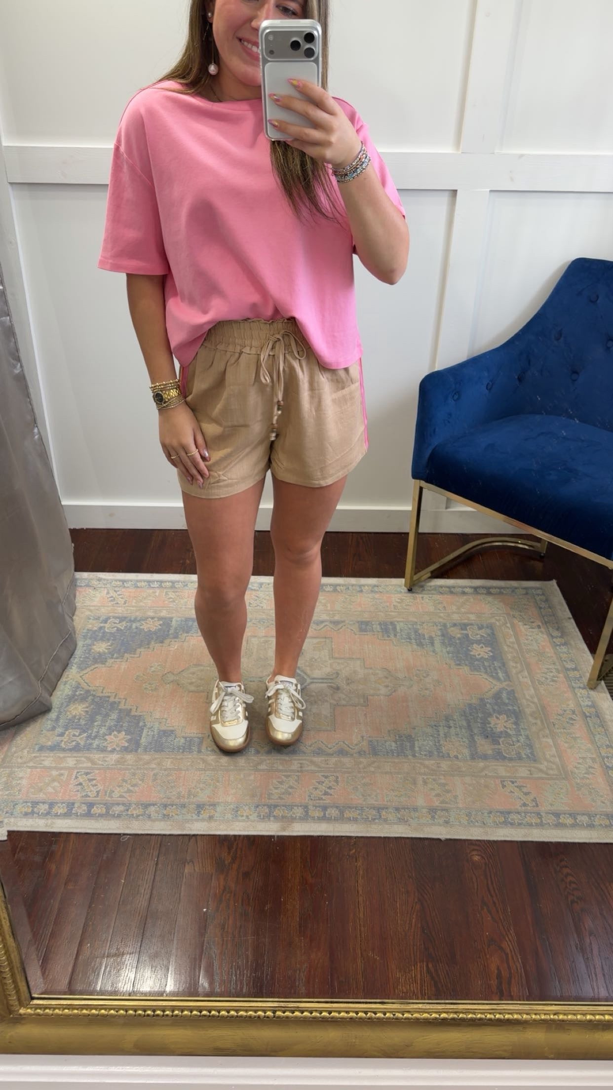 Taupe pink orange linen shorts