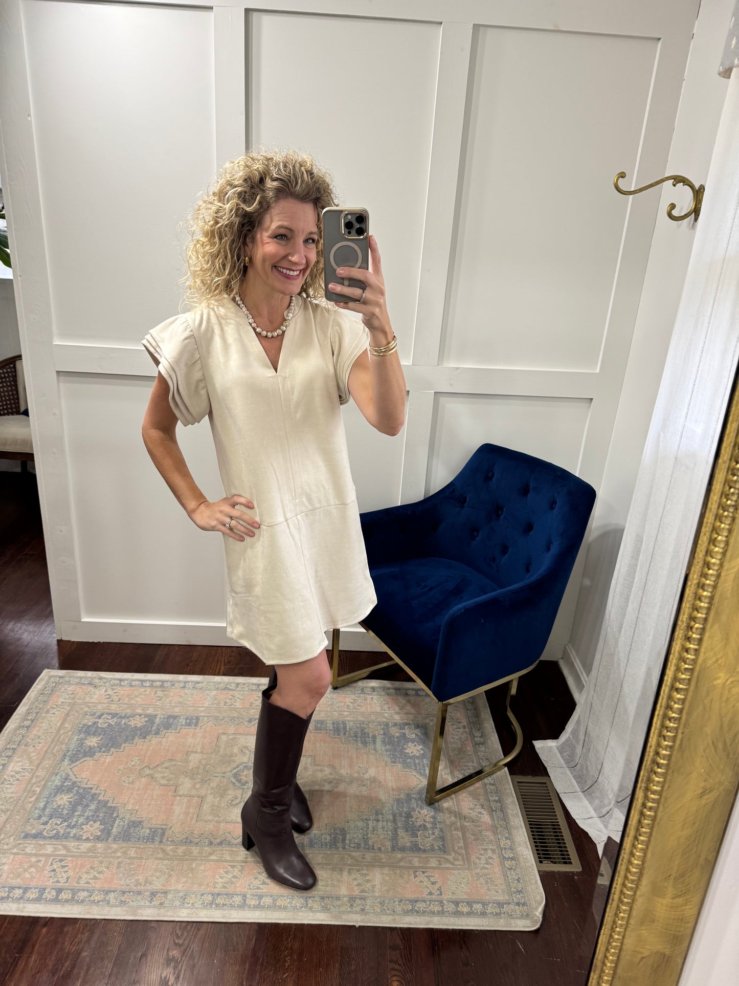 Cream suede flutter sleeve dress