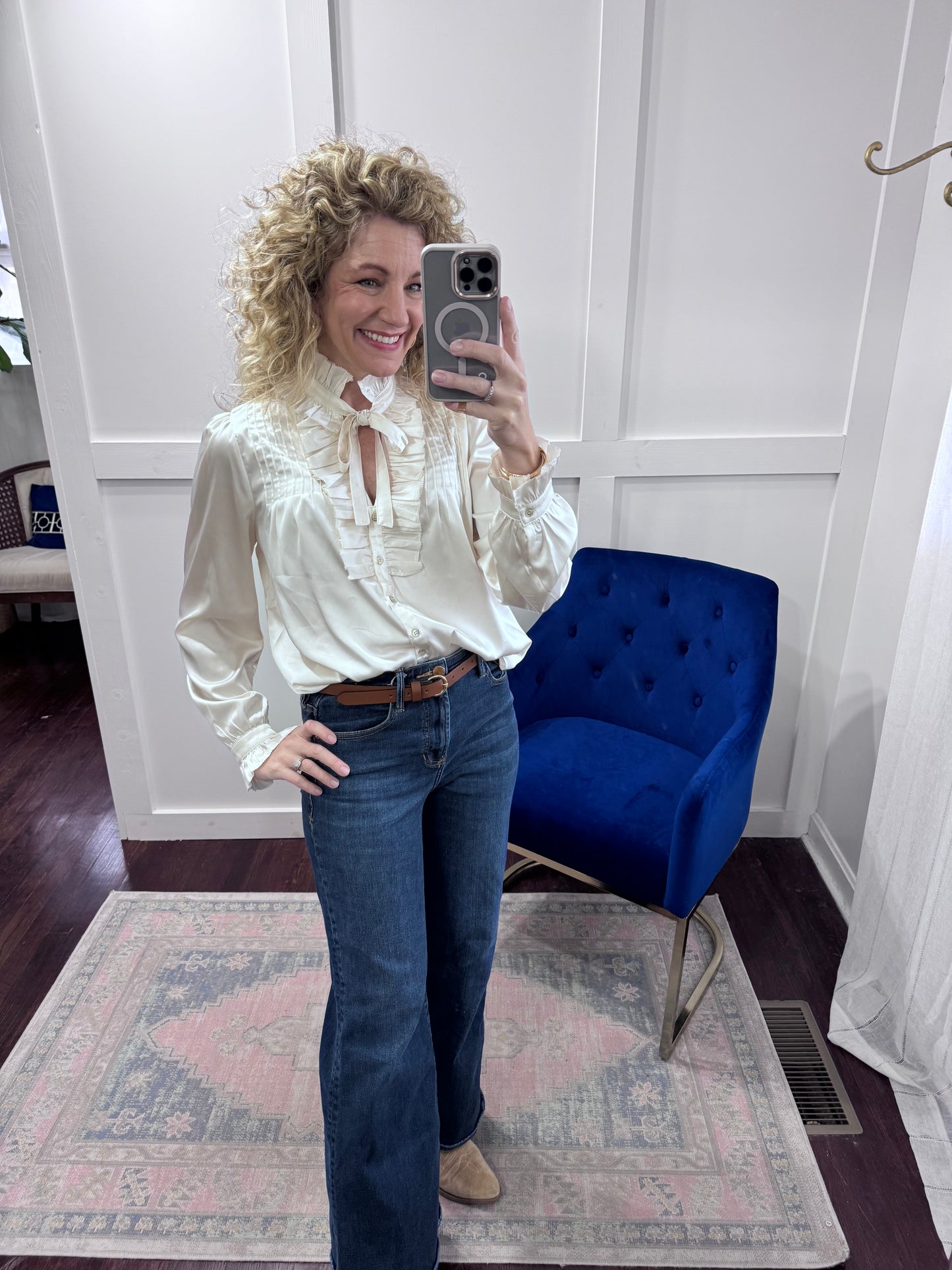 Pearl satin ruffle blouse