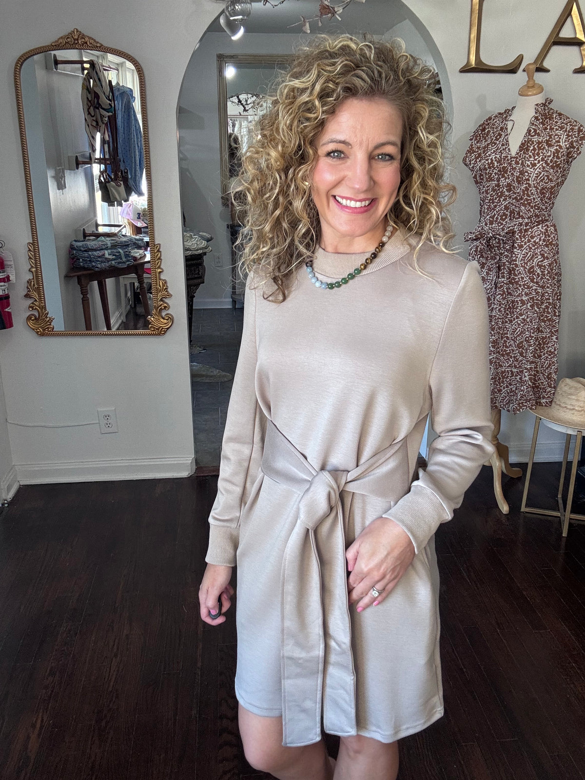 Taupe front tie dress