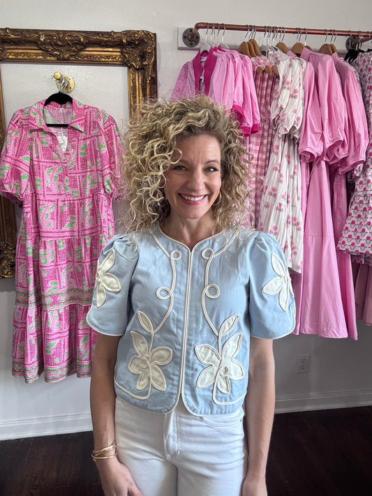 Light blue floral applique top